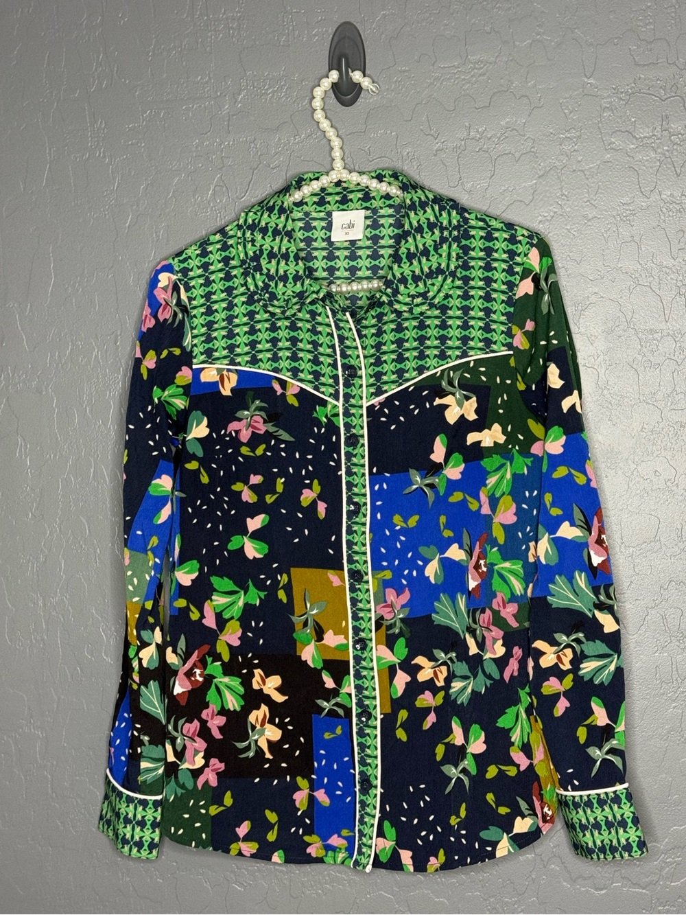CAbi Multicolor Floral Patchwork Button-Up Longsleeve  Blouse in Blue and Green